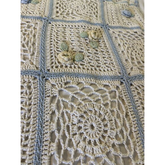 Handmade Crochet Wool Throw Blanket 47x57 3D Floral Squares Blue Border Cottage - Picture 8 of 16